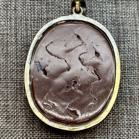 Vintage Bohemian Statement Pendant Amber Indian Tribal Brass Resin Rhinestone - Picture 4 of 7